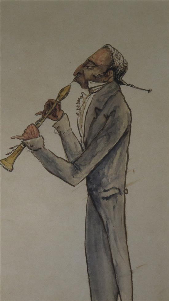 English School c.1830, watercolour and ink, The Clarinet player mentioned... 16 x 9.5cm.